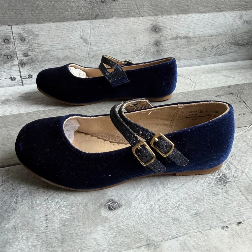Mini Boden Kids Navy Blue Velvet Double Strap Glitter Mary Jane Shoes Size 28